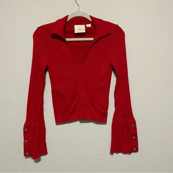 Maeve by Anthropologie Red V-Neck Trumpet Sleeve Sweater - Picture 2 of 11